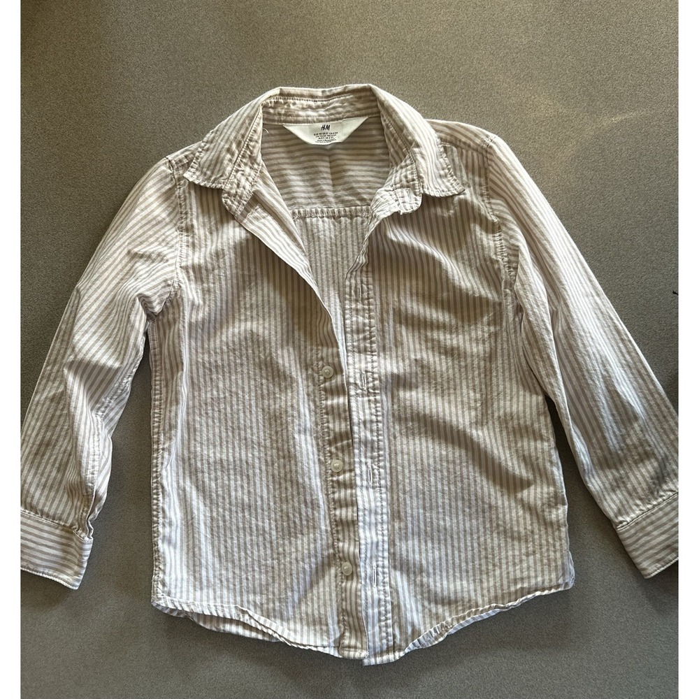 H&M Boys 5T Long Sleeve Button Up Collared Shirt White Tan Stripe 100% Cotton